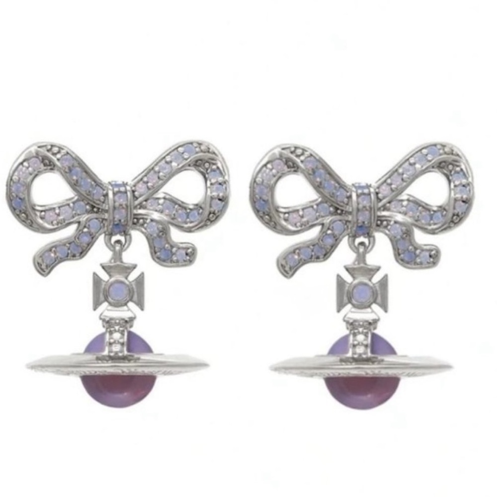 silver tone signature Orb Drop of crystal Bow small earrings - Picture 2 of 10